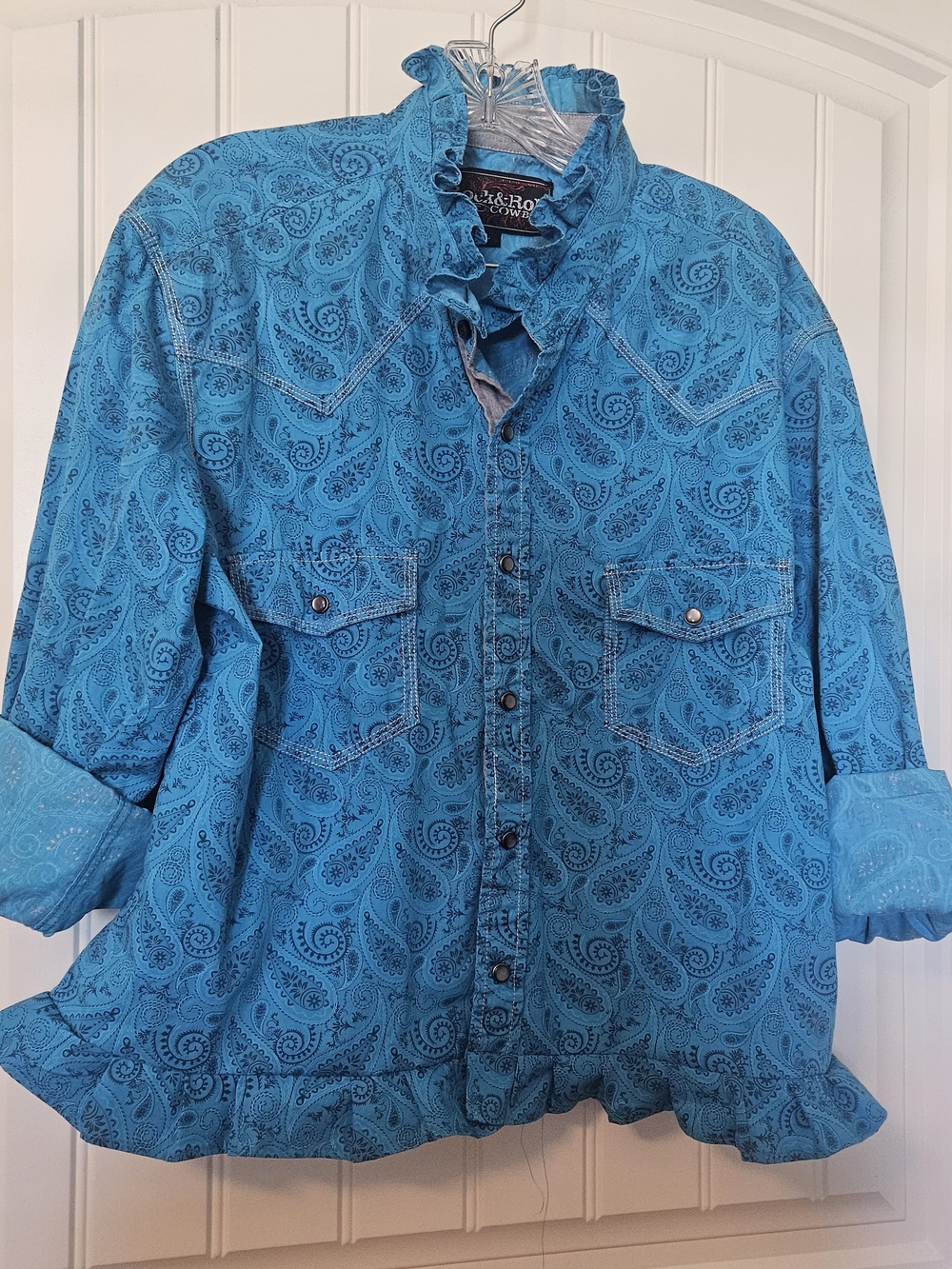 Upcycled Cowgirl Ruffled Paisley Button-Up Shirt - Turquoise Blue